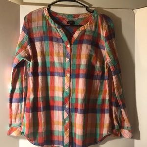 Talbots button down top size Lp long sleeve 100% cotton pink green plaid